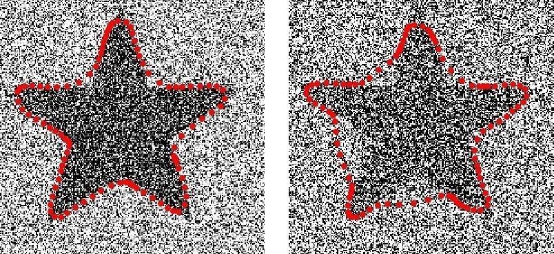 Obr. 6.15: Segment hvězdy pro různé hodnoty šumu (vlevo, vpravo ) Na obr. 6.15 je přidán Gaussovský šum.