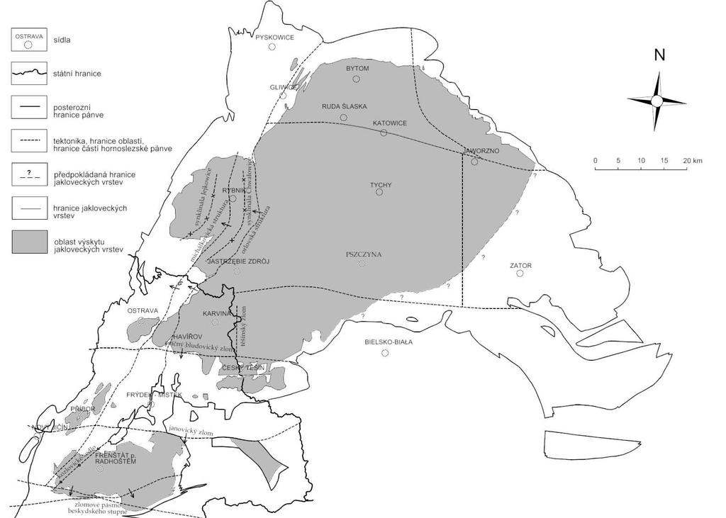 Obrázek 4 Posterozivní plocha výskytu jakloveckých vrstev v hornoslezské pánvi (Dopita et al. 1997, Jureczka et al.