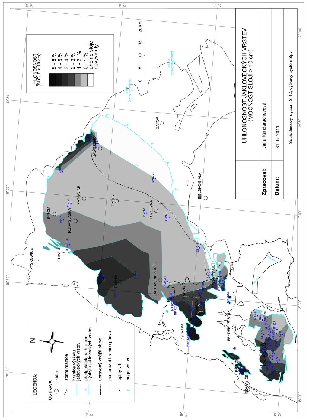 Obrázek 9 Mapa uhlonosnosti jakloveckých vrstev v