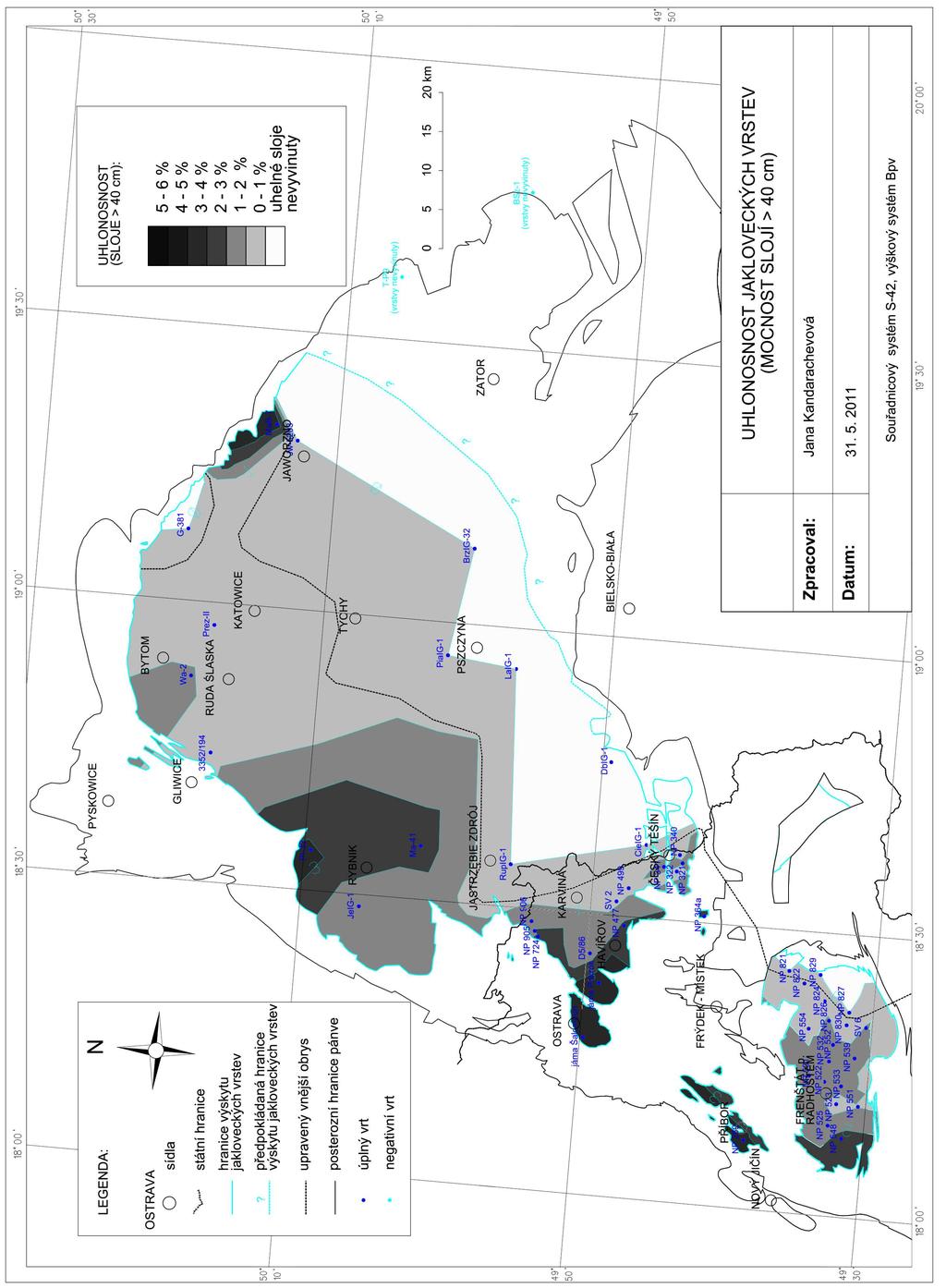 Obrázek 10 Mapa uhlonosnosti jakloveckých vrstev v