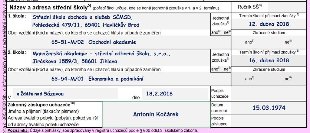 Vzor vyplnění přední strany přihlášky 5.