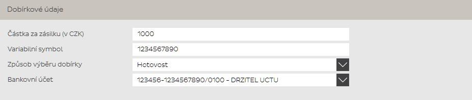 4.5 Dobírka Doplňková služba, umožňující výběr dobírkové částky při doručení. Vyžaduje zadání relevantních údajů 4.