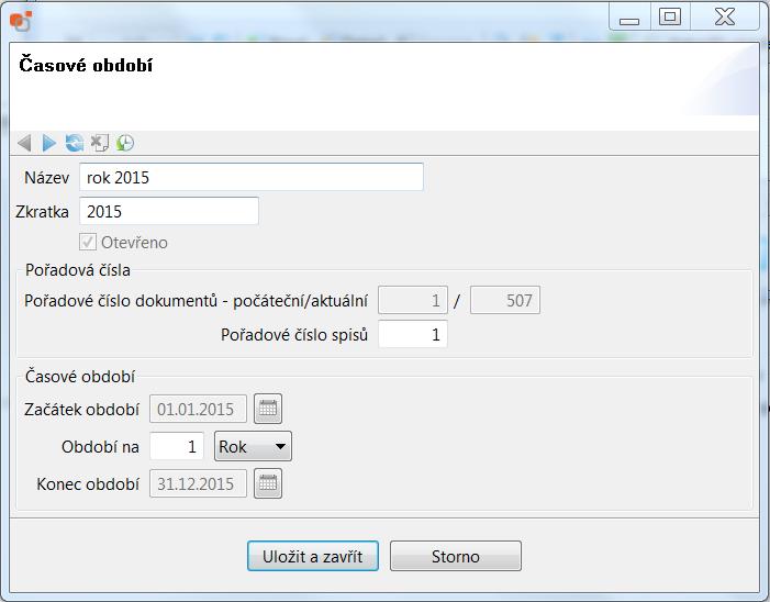 Nastavení po instalaci bez importu dat 23 Ve formuláři pro nové časové období je nutné vyplnit Název období a jeho zkratku. Dále se nastaví počáteční pořadové číslo dokumentů a pořadové číslo spisů.