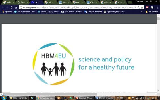 Európska iniciatíva ľudského biomonitoringu HBM4EU HBM4EU je výsledkom spoločného úsilia 26 krajín a Európskej komisie spolufinancovaný z programu Horizont 2020 Hlavným cieľom tejto iniciatívy je