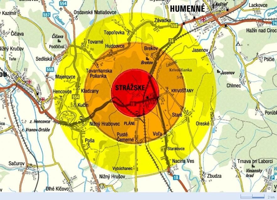 Mapa ohrozeného územia V prípade, ţe poveternostné podmienky v čase vzniku mimoriadnej udalosti sa nebudú zhodovať s predpokladanými podmienkami na základe ktorých je spracovaný Plán evakuácie