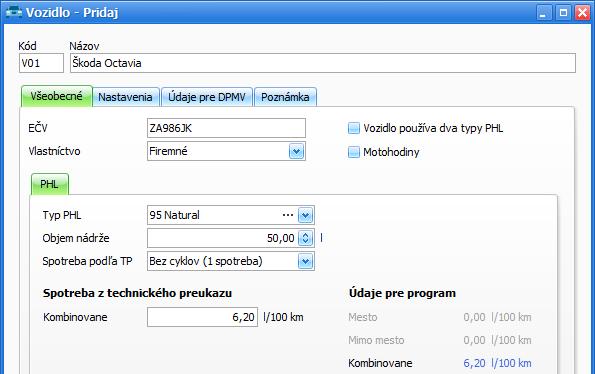 časti Všeobecné vyplňte EČV, Vlastníctvo, v časti PHL nastavte Typ PHL, Objem nádrže a Spotrebu podľa TP,