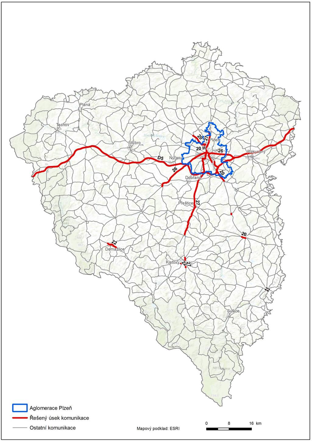 Obr. 5 Přehledvá situace řešených úseků hlavních pzemních kmunikací v Plzeňském