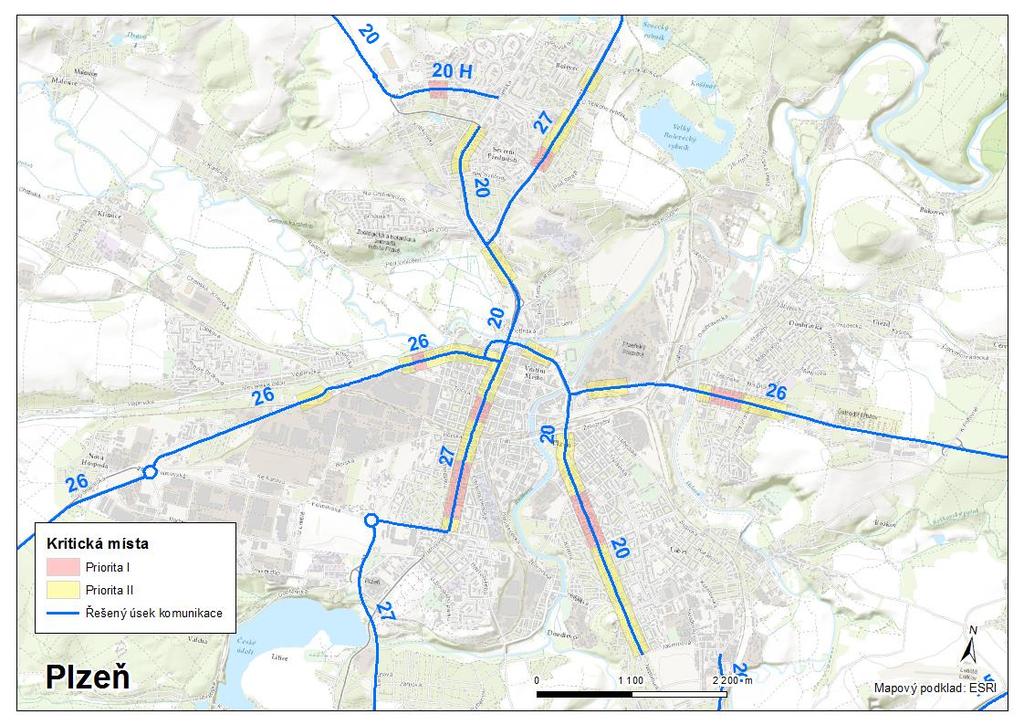 Obr. 7 Situace kritických míst v Plzni s rientačním vyznačením