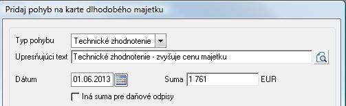 V pohybe zadajte dátum pohybu a sumu technického zhodnotenia (1.761 EUR).