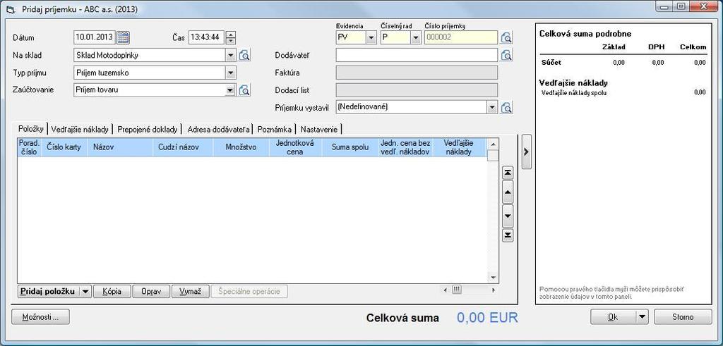 7.1 Vytvorenie skladovej príjemky Potvrdením tlačidla Príjem, ktoré sa nachádza v dolnej časti okna Pohyby na sklade sa zobrazí formulár pre pridanie príjemky na sklad.
