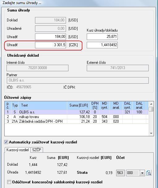 Ak pri úhrade vznikne kurzový rozdiel, program ho automaticky vypočíta a zaúčtuje.