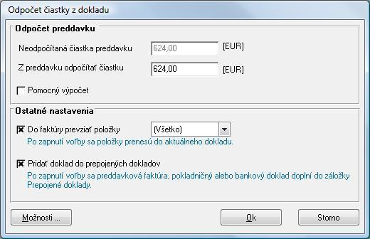 V poslednom kroku je potrebné vyplniť dátum a účet pre vyfakturovaný preddavok 324 200. Voľbu Preniesť údaje do faktúry odporúčame ponechať zapnutú.