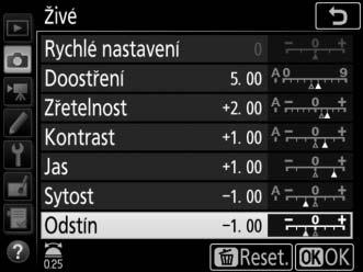 Úprava parametrů předvoleb Picture Control Existující předvolby Picture Control nebo uživatelské předvolby Picture Control (0 176) lze upravit tak, aby odpovídaly fotografovanému motivu nebo tvůrčím