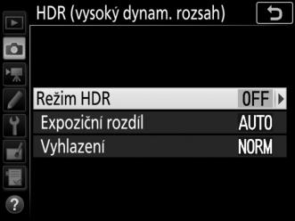2 Vyberte režim. Vyberte položku Režim HDR a stiskněte tlačítko 2. Vyberte jednu z následujících možností a stiskněte tlačítko J. Chcete-li pořídit série snímků HDR, vyberte možnost 0 Zapnuto (série).