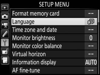Základní nastavení Při prvním zobrazení menu je automaticky vybrána položka pro nastavení jazyka v menu nastavení. Vyberte jazyk a nastavte hodiny fotoaparátu. 1 Zapněte fotoaparát.