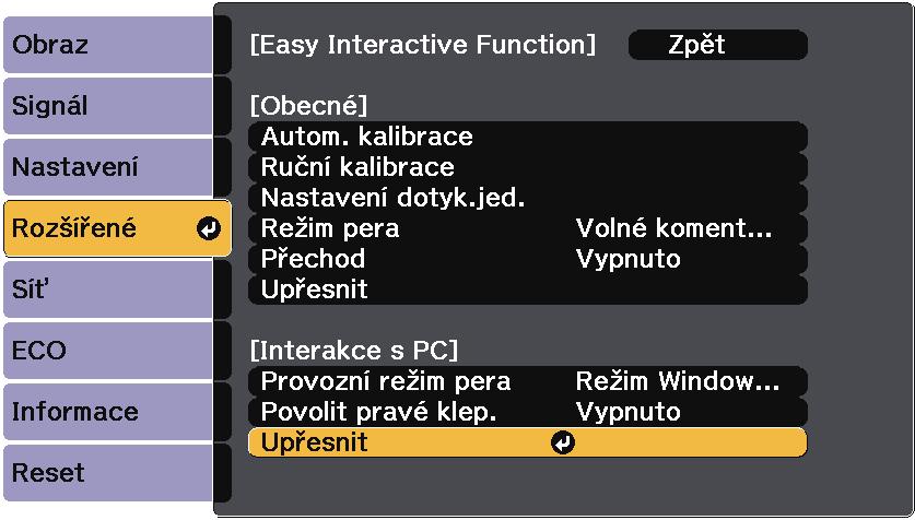 Ovládání funkcí počítče z promítcí plochy (počítčový interktivní režim) 101 c Vyberte nstvení Esy Interctive Function stiskněte tlčítko [Enter].