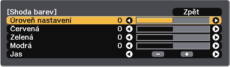 Používání více projektorů K dispozici je osm úrovní nstvení od bílé, přes šedou ž po černou. Můžete nstvit jednotlivé úrovně individuálně. e Vyberte Červená, Zelená nebo Modrá uprvte brevný tón.
