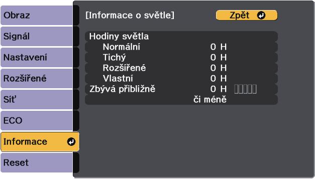 Zobrzení informcí o projektoru - Nbídk Informce 210 Nbídk Info - nbídk Informce o světle V nbídce Informce o světle v nbídce Informce projektoru lze zobrzit informce o zdroji svět projektoru.