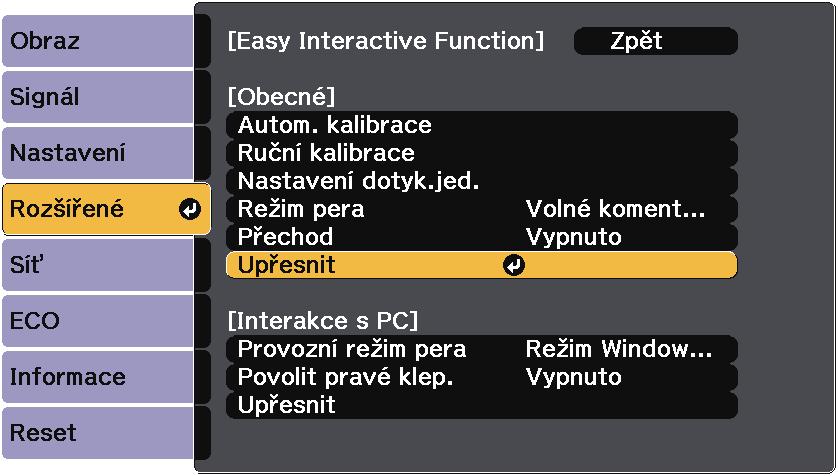 s Rozšířené > Esy Interctive Function > Obecné > Upřesnit > Režim drát. synch. Nemáte-li volitelnou sdu kbelů dálkového ovldče, změňte nstvení Vzdál.