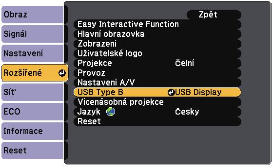 Ovládání funkcí počítče z promítcí plochy (počítčový interktivní režim) 99 e Stiskněte tlčítko [Menu], vyberte nbídku Rozšířené potom stiskněte tlčítko [Enter].