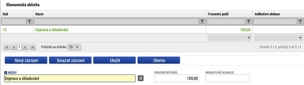 Procentní podíl je automaticky vyplněn na hodnotu 100 %. Poznámka: Částka do pole Indikativní alokace se doplní až po provedení rozpadu financování na záložce Přehled zdrojů financování. 3.