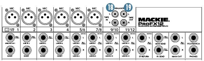 18. Tape vstup Tyto stereo nesymetrické RCA vstupy jsou navrženy tak, aby pracovaly s profesionálními i semi-profesionálními přehrávači / rekordéry.