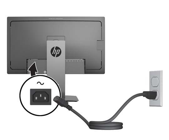 5. Jeden konec napájecího kabelu střídavého proudu zapojte do napájecího konektoru umístěného na zadní části monitoru a druhý konec do zásuvky střídavého proudu. VAROVÁNÍ!