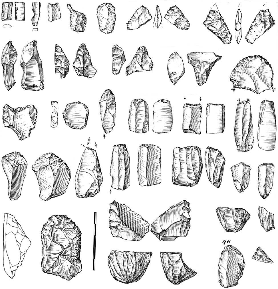 Obr. 7. Boršice-Buchlovice. Výběr nálezů (kresba L. Dvořáková). Boršice-Buchlovice. Selected finds (drawing by L. Dvořáková). Tato výhodná terénní konfigurace by mohla souviset s loveckou strategií.