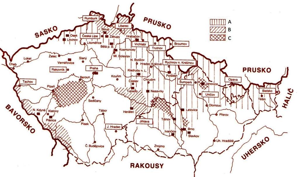 Úkol č. 28 Na mapě industrializace českých zemí v poslední čtvrtině 18. století urči podle způsobu šrafování oblasti s rozvinutou sklářskou výrobou, železářskou výrobou a textilní výrobou.