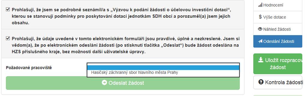 Obrázek Odeslání žádosti Ještě před tím, než se žádost odešle, zobrazí se upozornění s doplňujícími informacemi.