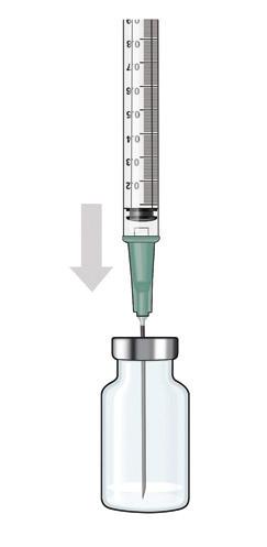 Nakloňte lahvičku tak, aby bylo možné do stříkačky natáhnout požadované množství roztoku. Množství závisí na dávce, která má být podána (0,2 ml až 1,0 ml).