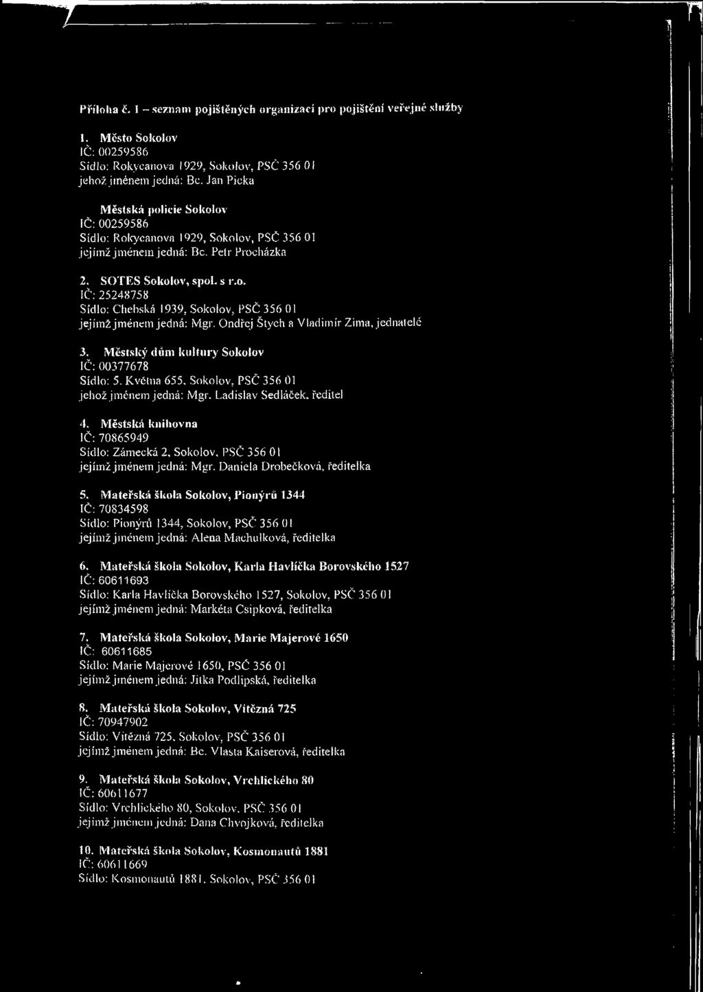 Příloha ě. 1 - seznam pojištěných organizací pro pojištění veřejné služby 1. Město Sokolov IČ: 00259586 Sídlo: Rokycanova 1929. Sokolov. PSČ 356 01 jehož jménem jedná: Bc.