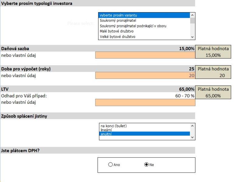Zadání krok 2! Druh investora! Daňová sazba! Doba! LTV!