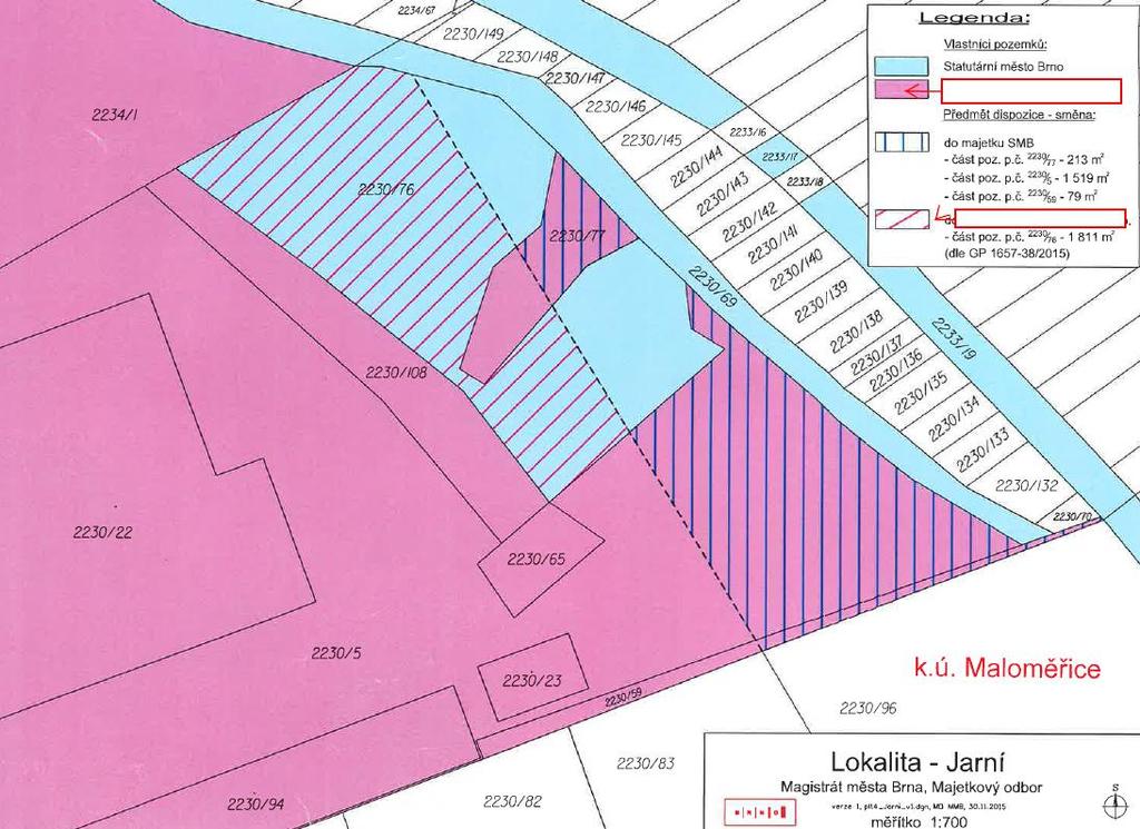 19. směna části pozemku p. č. 2230/76 - ostatní plocha, jiná plocha v k. ú. Maloměřice, geometrickým plánem č. 1657-38/2015 označené jako pozemek p. č. 2230/76 - ostatní plocha, jiná plocha o výměře 1811 m2 v k.