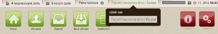 V horní části obrazovky uvidíte aktuálně vybrané zařízení a roli (zde role: Žadatel).