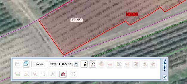 Zákres DPB po uložení změní barvu ze světle modré na světle fialovou (ve stromečku žárovička Návrhy farmářů v uzlu Díly půdních bloků). Kroky 6. a 7.