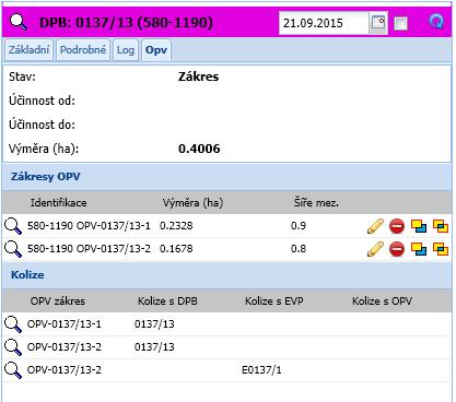 Nástroj použijte k odstranění kolize OPV x OPV nebo OPV x EVP). nástroj provede průnik daného zákresu OPV s dalším vybraným zákresem. Nástroj vhodný k odstranění přesahu zákresu OPV přes zákres DPB.