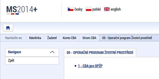 Po výběru programu se zobrazí obrazovka platných čí