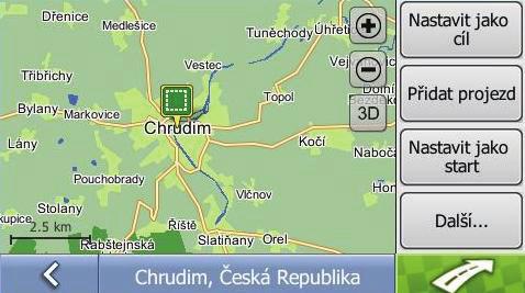 c) V našem případě je zobrazen pouze jeden záznam - Chrudim, Česká republika. Vyberte jej, automaticky se objeví okno Náhled cíle se znázorněním obce na mapě.