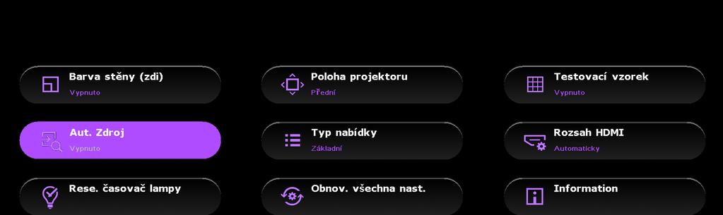 Používání nabídek Tento projektor umožňuje provádět různá přizpůsobení a nastavení pomocí nabídek na projekční ploše (OSD). K dispozici jsou dva typy nabídek.