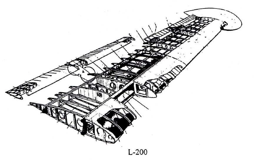 POPIS KONSTRUKCE LETOUNŮ Obr. 12 Nosníková konstrukce křídla letounu L-200 [1] U křídel nosníkových konstrukcí přenáší ohybová zatížení nosníky.