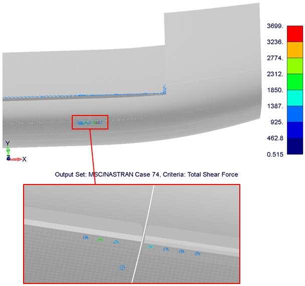 PEVNOSTNÍ KONTROLA DETAILNÍHO MODELU NÝTY NAS1097AD 4,0 mm Hodnota maximální smykové síly v této skupině nýtů je 3699N. Tato síla byla spočtena pro případ zatížení č. 74.