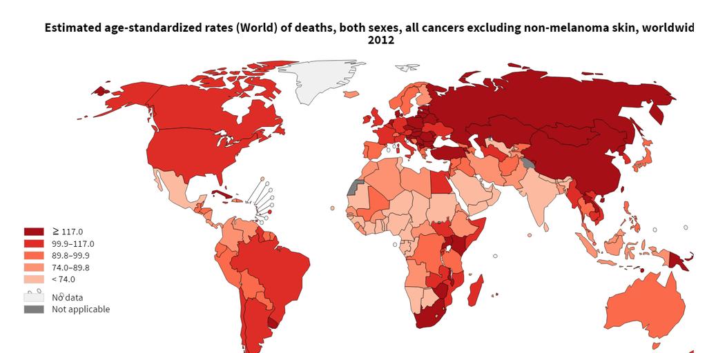 Zajímavé je i srovnání standardizované incidence (nově zjištěných případů) a úmrtnosti na všechny zhoubné nádory, vyjma tzv. jiných nádorů kůže, u jednotlivých států světa.