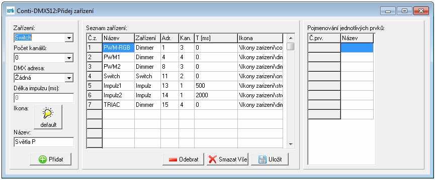 mnit typ ani adresy a další nastavení. V pípad že bychom ho chtli pece jen zmnit, je nutné jej odebrat a znovu pidat se správnými parametry. Dále lze všechny zaízení smazat (Smazat vše) a uložit.