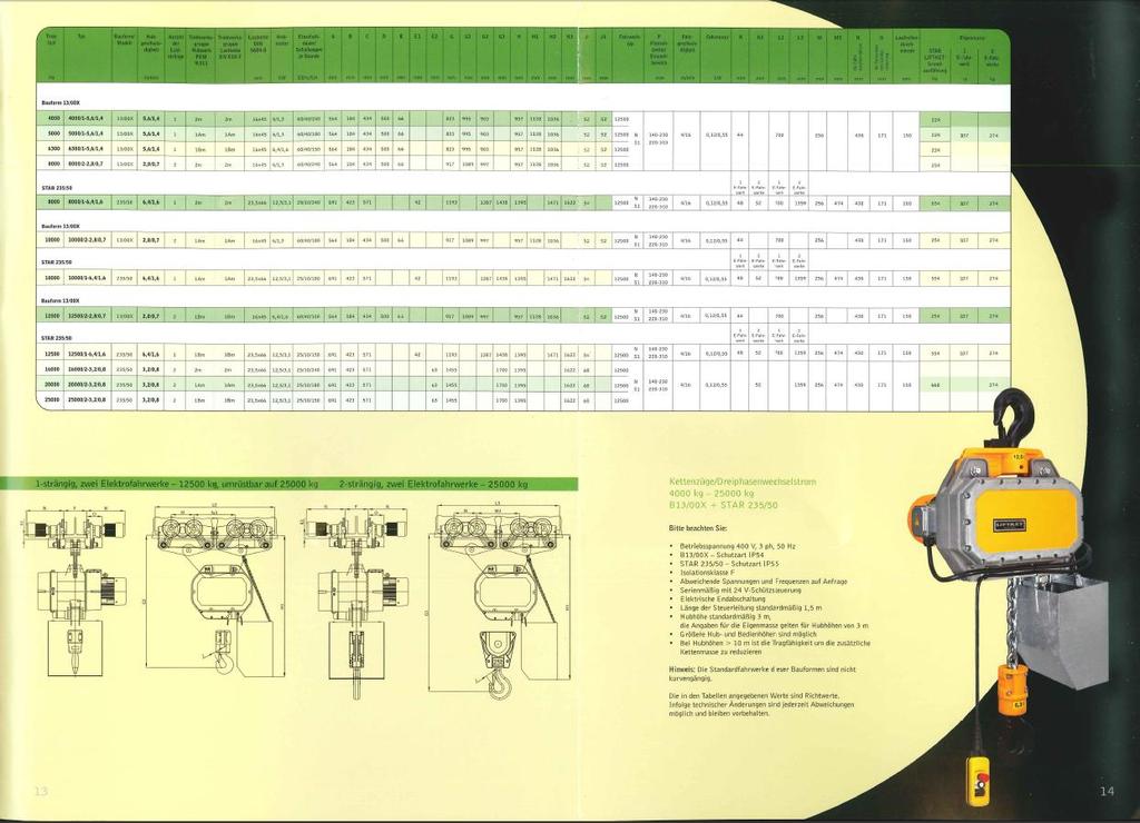 1-průřezový, dva elektrické pojezdy 12500 kg, přenastavitelný na 25000 kg 2-průřezový, dvě elektrické pojezdy 25000 kg Kladkostroje / trojfázový střídavý proud 4000 kg 25 000 kg B13/00X + STAR 235/50