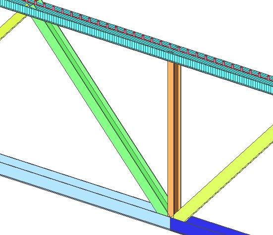 2. Zjednodušený 2D pružný rámový model (SCIA Engineer software) všechny prvky jsou modelovány jako pruty, včetně betonové desky bez vyloučení tahu (jak doporučuje Eurokód - konzervativní řešení),