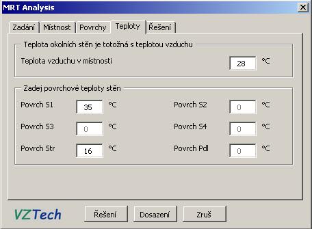 Předpokladem výpočtu je, že se povrchová teplota stěn se výrazně neliší od teploty vzduchu, kterou je nutné zadat,