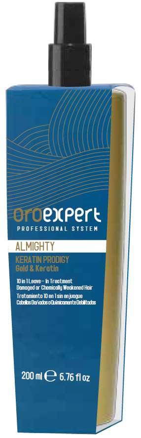 ALMIGHTY Rekonstrukční ošetření bez oplachování 10 v 1 KERATIN PRODIGY Vhodné na: poškozené nebo chemicky oslabené vlasy ph: 4,0 Aktivní ingredience: zlato, keratin, ceramidy 1.