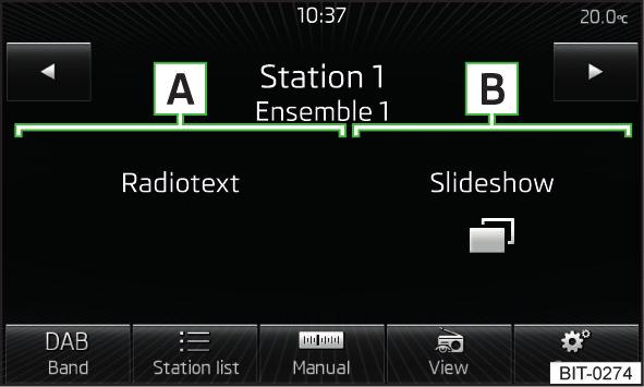 Symbol Význam Alternativní frekvence je vypnutá (FM) Signál není dostupný (DAB) Pokud některá stanice průběžně mění svůj zobrazený název (dynamický text), je možné přidržením prstu na displeji