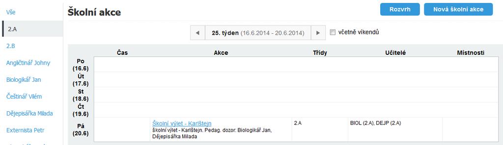 3. Hotovo, školní akci máte pro rozvrh zadanou. Výsledek ve formuláři školních akcí vypadá takto. 7. V rozvrhu se tato akce zobrazí žákům třídy / učitelům takto.
